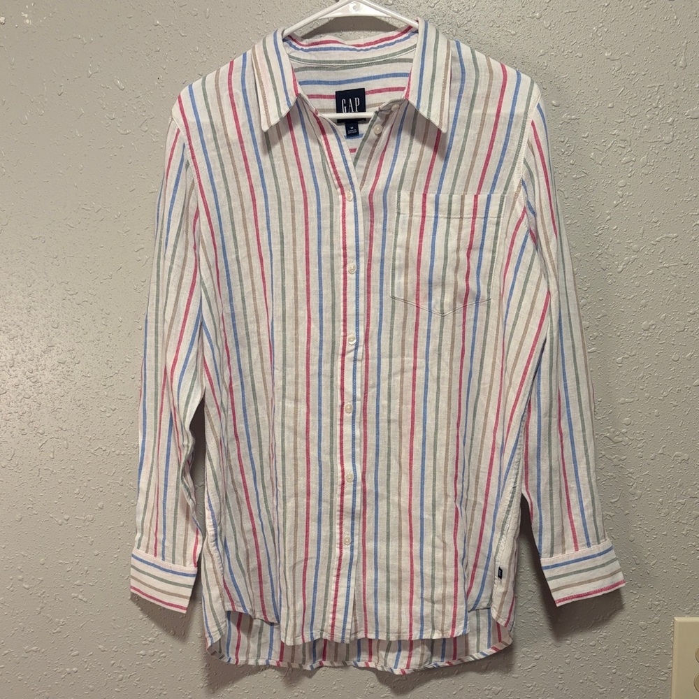 GAP Women M Casual Linen White Multicolor Striped Long Sleeve Button Down shirt